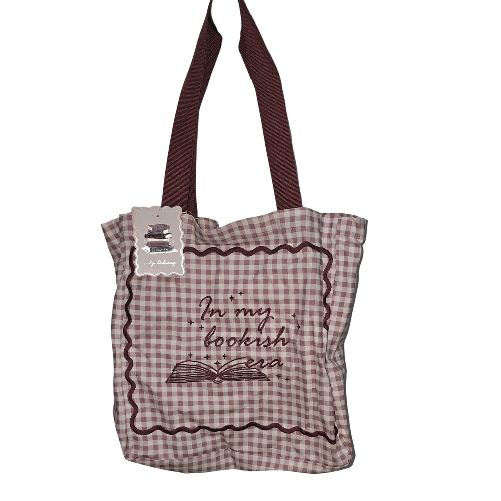 Lady Delaney In My Bookish Era Gingham Tote Bag Pink White Embroidery NWT